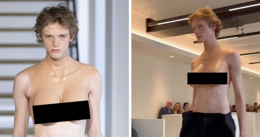 Semana de la moda de París aturdidos con top masculino atrevido imitando femenino con pecho desnudo
